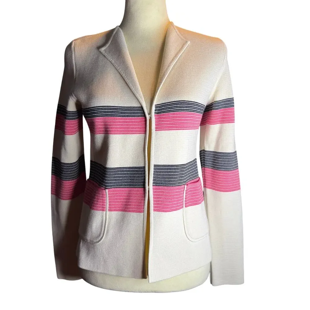 Talbots Striped Knit Preppy Blazer Jacket, Coral, Novy and Ivory, Size XS, NWT